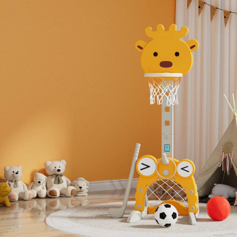 Keezi Kids Basketball Hoop Stand Adjustable 5-in-1 Sports Center Toys Set Yellow - ShopFrenzy