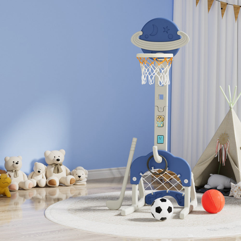 Keezi Kids Basketball Hoop Stand Adjustable 6-in-1 Sports Center Toys Set Blue - ShopFrenzy