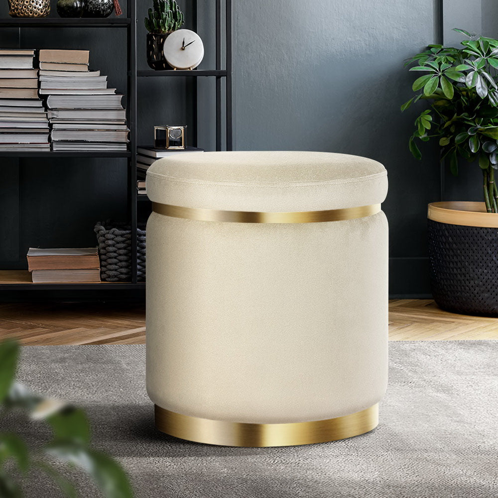 Artiss Ottoman Foot Stool Round Velvet Cream - ShopFrenzy
