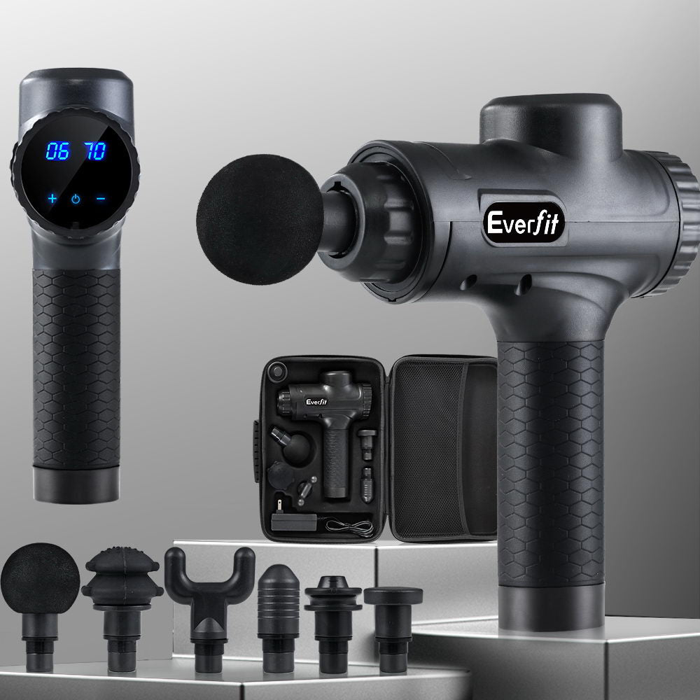 Everfit Massage Gun 30 Speed 6 Heads Vibration Muscle Massager Chargeable Black - ShopFrenzy