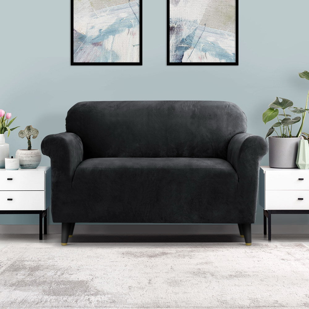 Artiss Sofa Cover Couch Covers 2 Seater Velvet Black - ShopFrenzy