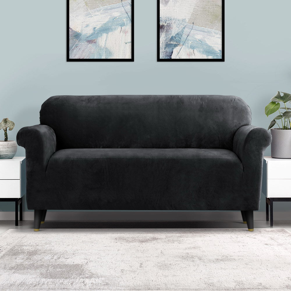 Artiss Sofa Cover Couch Covers 3 Seater Velvet Black - ShopFrenzy