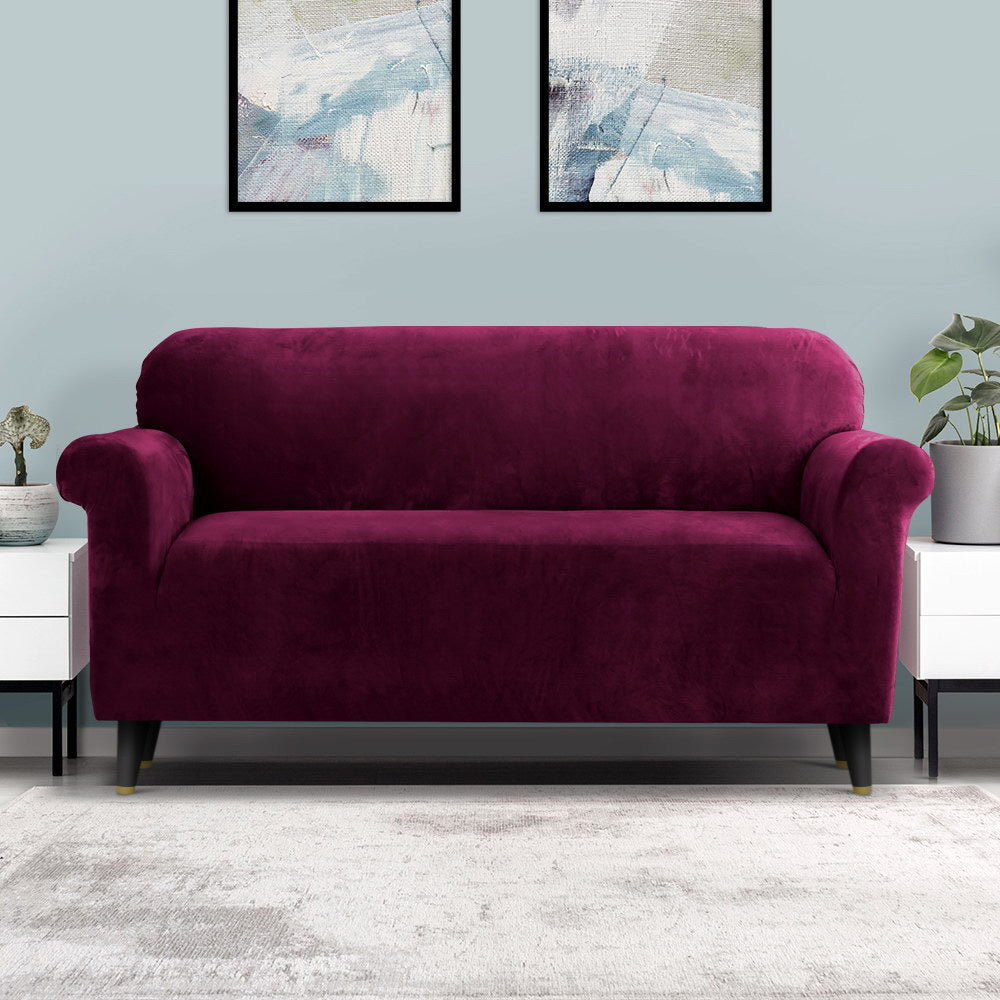 Artiss Sofa Cover Couch Covers 3 Seater Velvet Ruby Red - ShopFrenzy