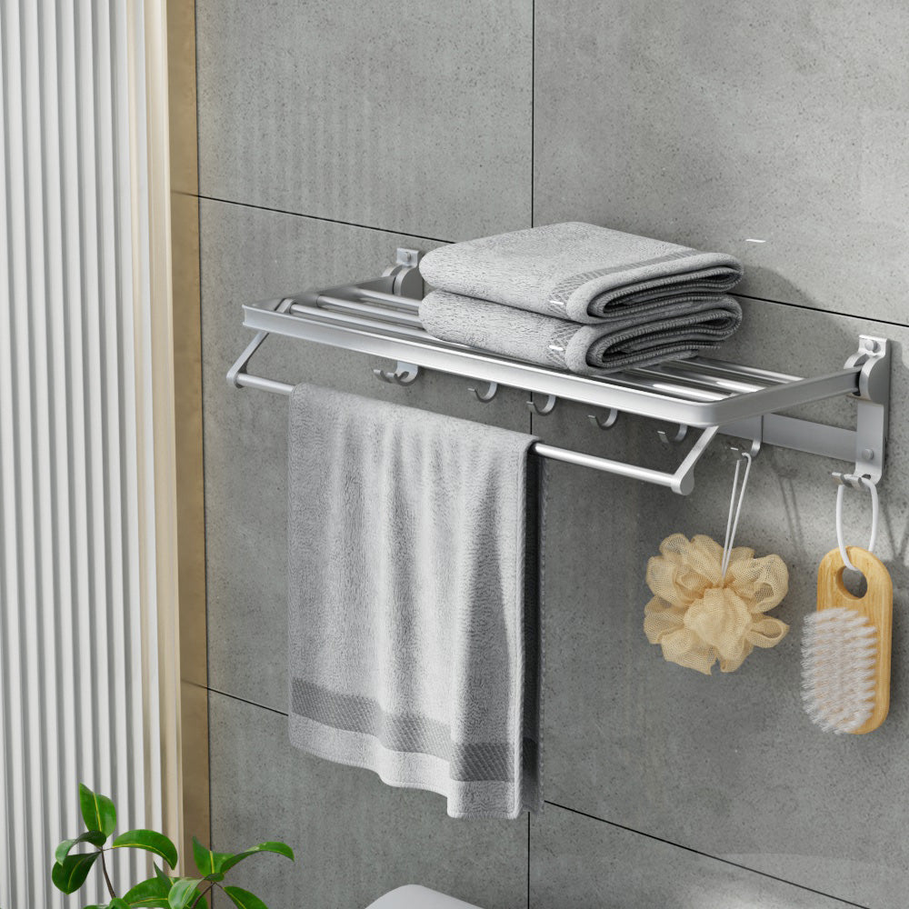 Towel Rail Rack Holder 4 Bars Wall Mounted Aluminium Foldable Hanging Hook - ShopFrenzy