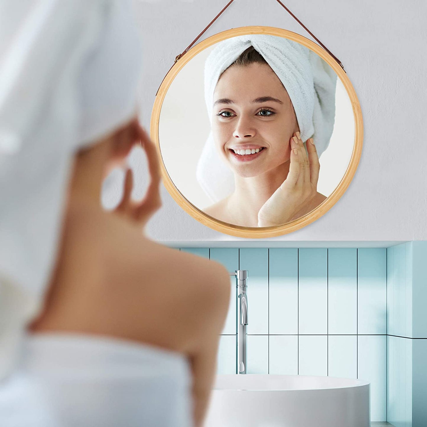 Hanging Round Wall Mirror 38 cm - Solid Bamboo Frame and Adjustable Leather Strap for Bathroom and Bedroom - ShopFrenzy