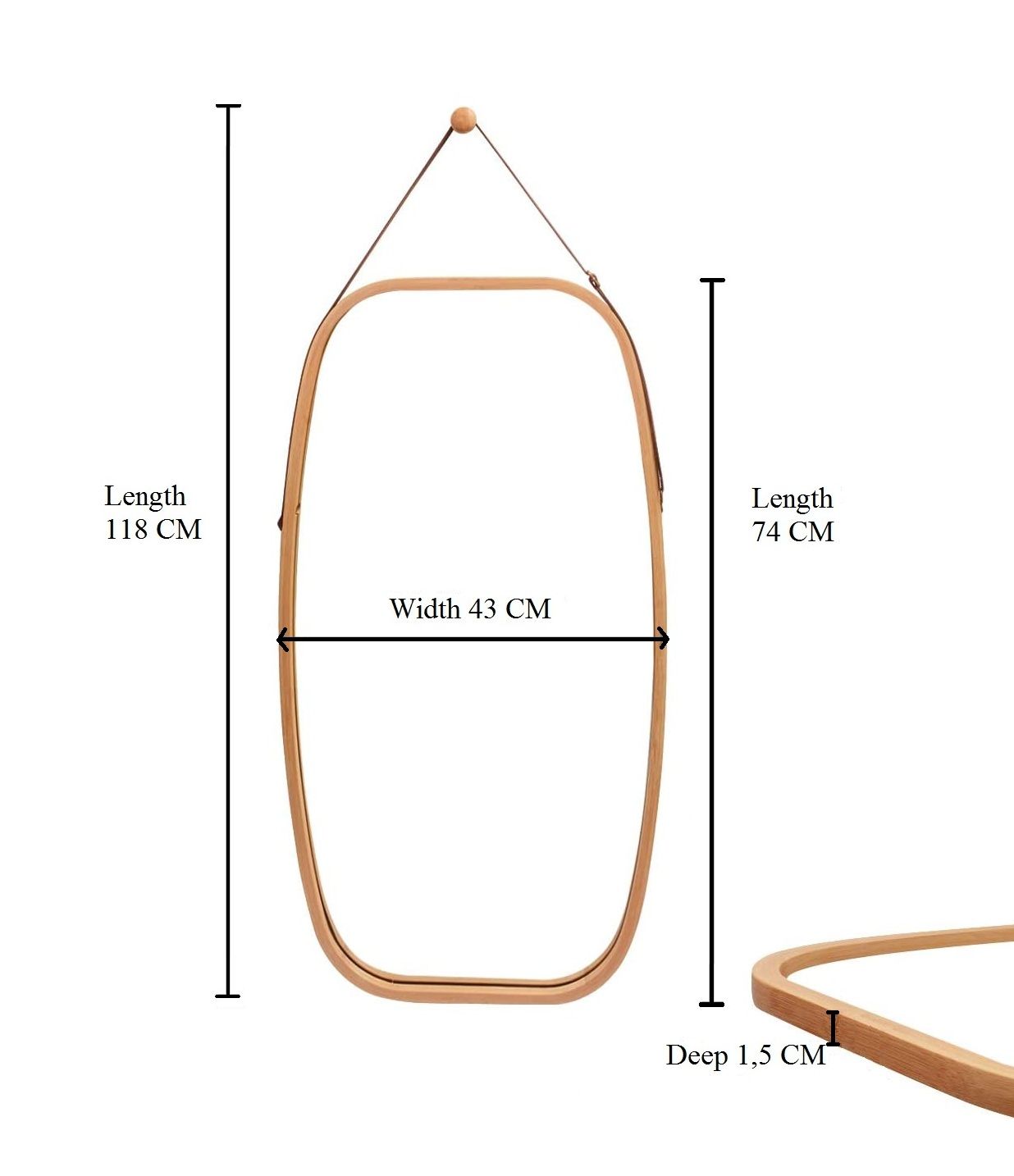 Hanging Full Length Wall Mirror - Solid Bamboo Frame and Adjustable Leather Strap for Bathroom and Bedroom - ShopFrenzy