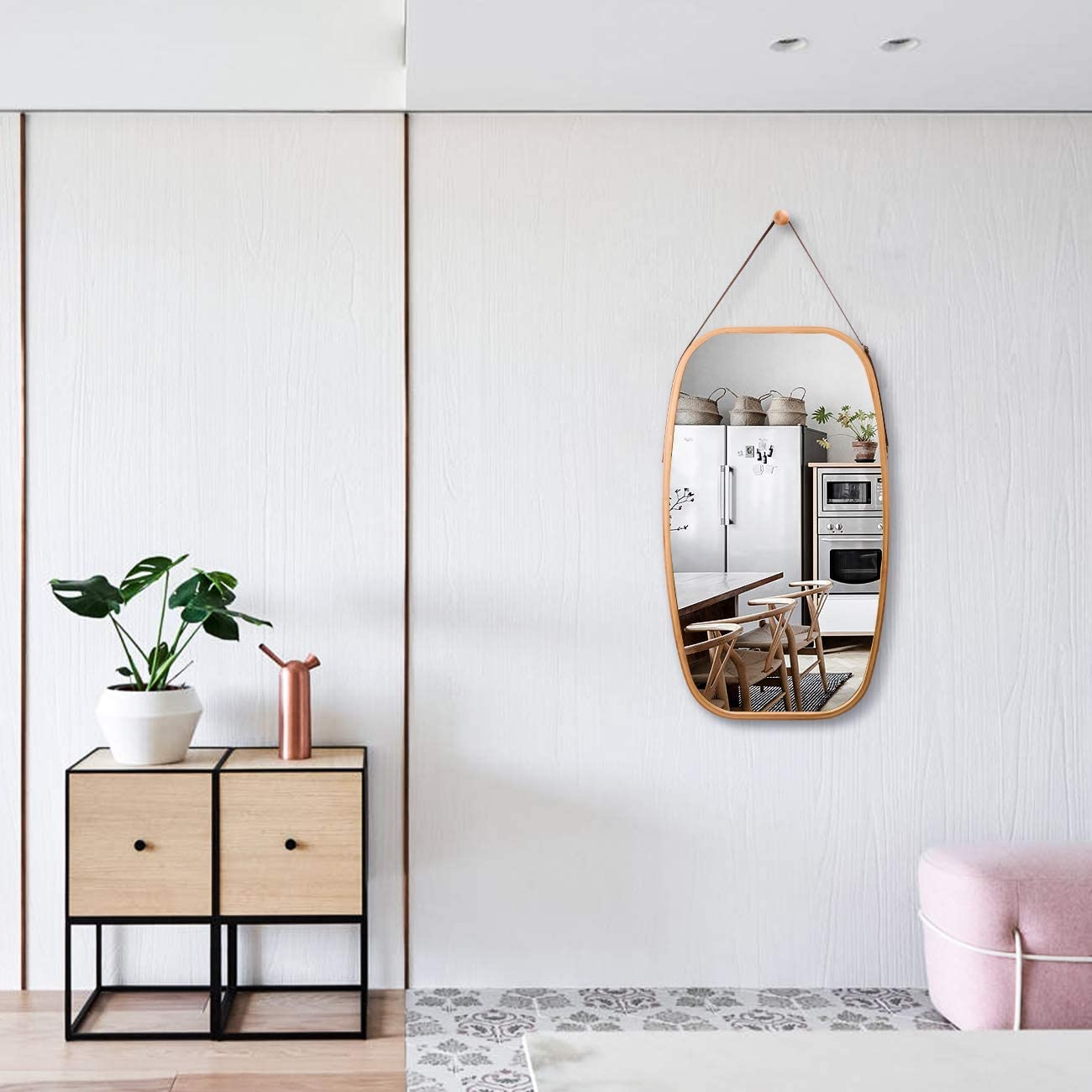 Hanging Full Length Wall Mirror - Solid Bamboo Frame and Adjustable Leather Strap for Bathroom and Bedroom - ShopFrenzy