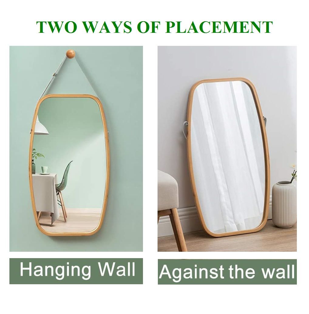 Hanging Full Length Wall Mirror - Solid Bamboo Frame and Adjustable Leather Strap for Bathroom and Bedroom - ShopFrenzy