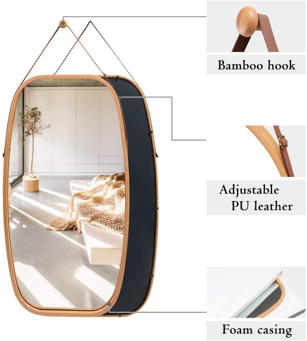Hanging Full Length Wall Mirror - Solid Bamboo Frame and Adjustable Leather Strap for Bathroom and Bedroom - ShopFrenzy