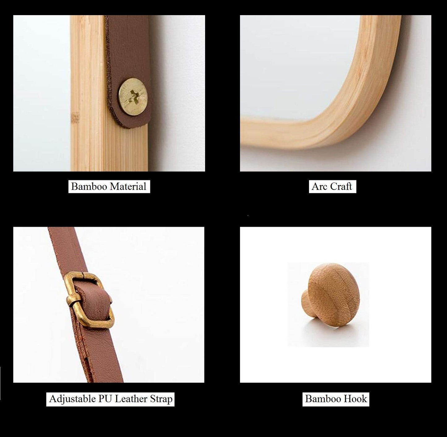Hanging Full Length Wall Mirror - Solid Bamboo Frame and Adjustable Leather Strap for Bathroom and Bedroom - ShopFrenzy
