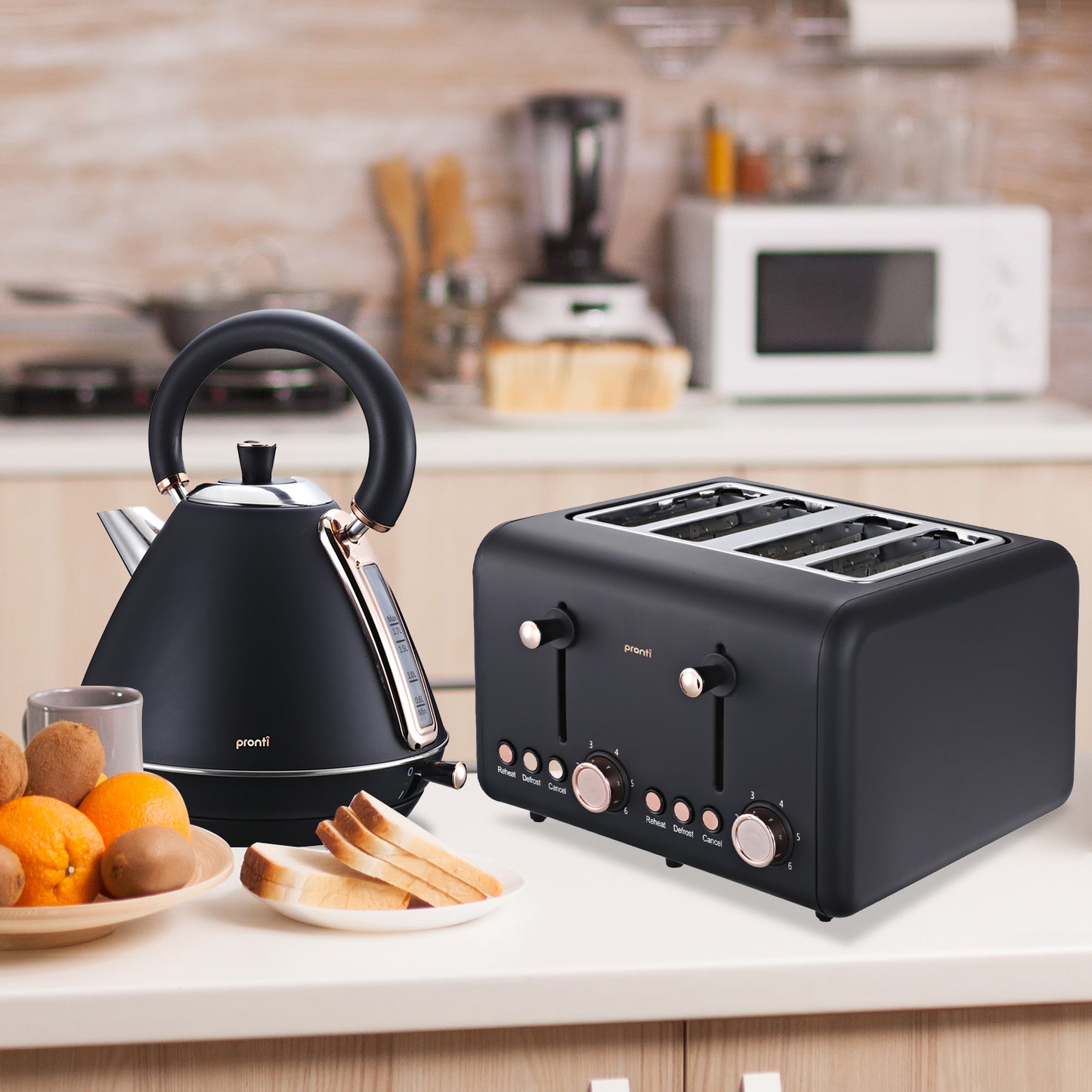 Pronti Rose Trim Collection Toaster & Kettle Bundle - Black - ShopFrenzy