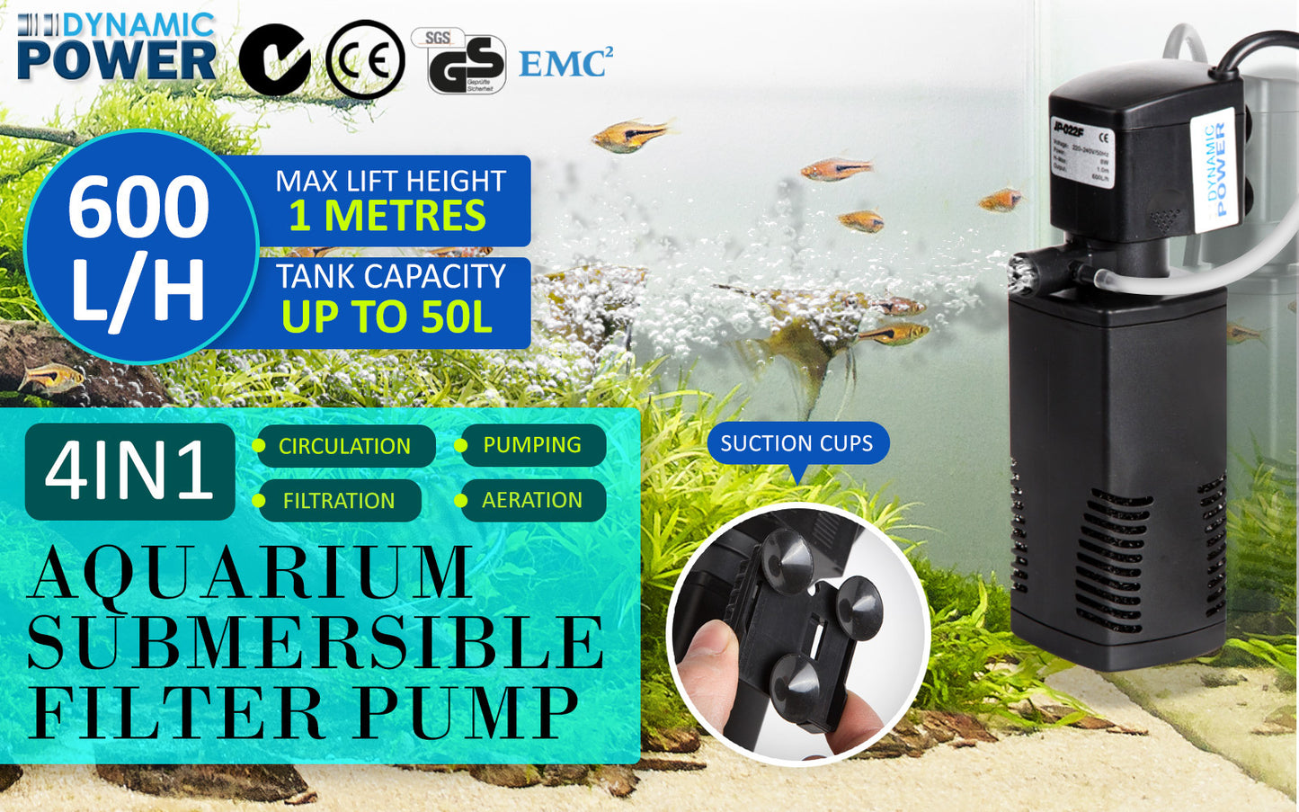 Aquarium Submersible Filter Pond Pump 600L/H 8W 1m - ShopFrenzy