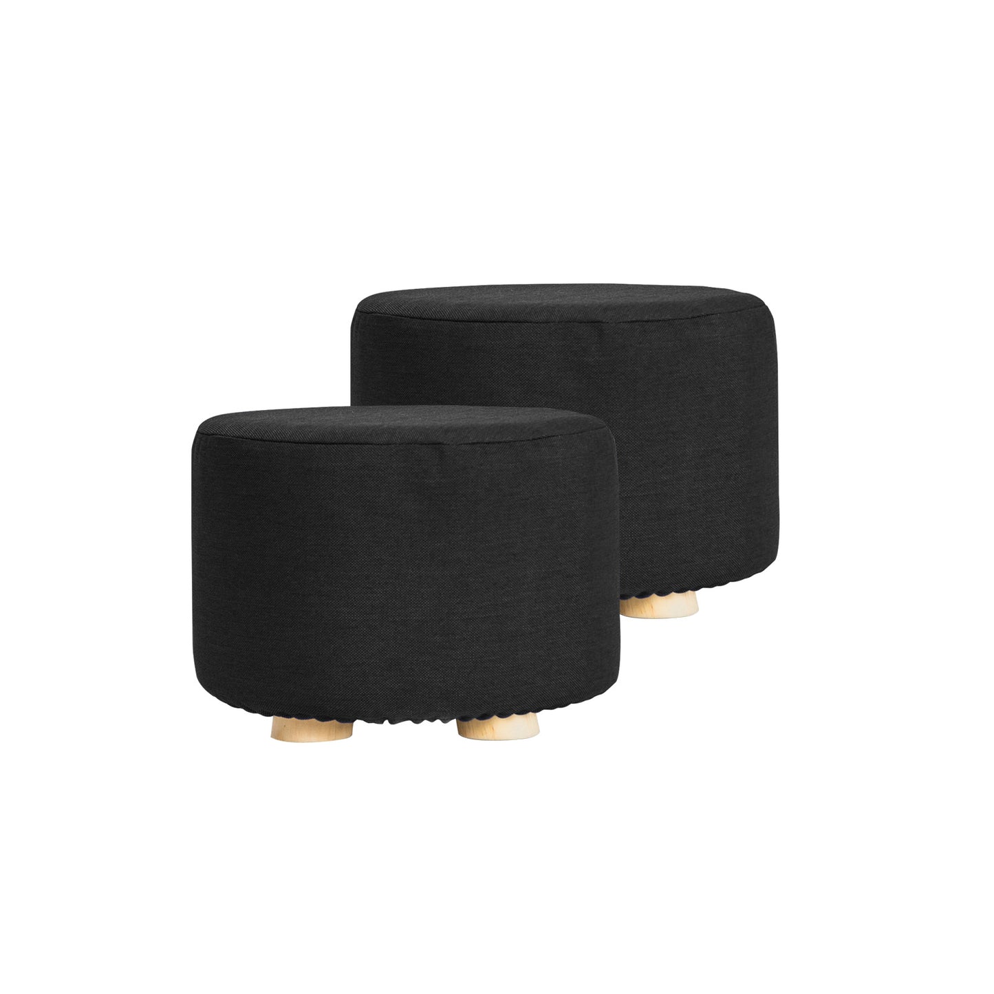 2X Fabric Ottoman Round Wooden Leg Foot Stool - BLACK - ShopFrenzy
