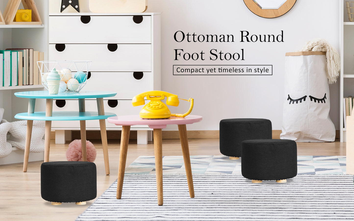 2X Fabric Ottoman Round Wooden Leg Foot Stool - BLACK - ShopFrenzy