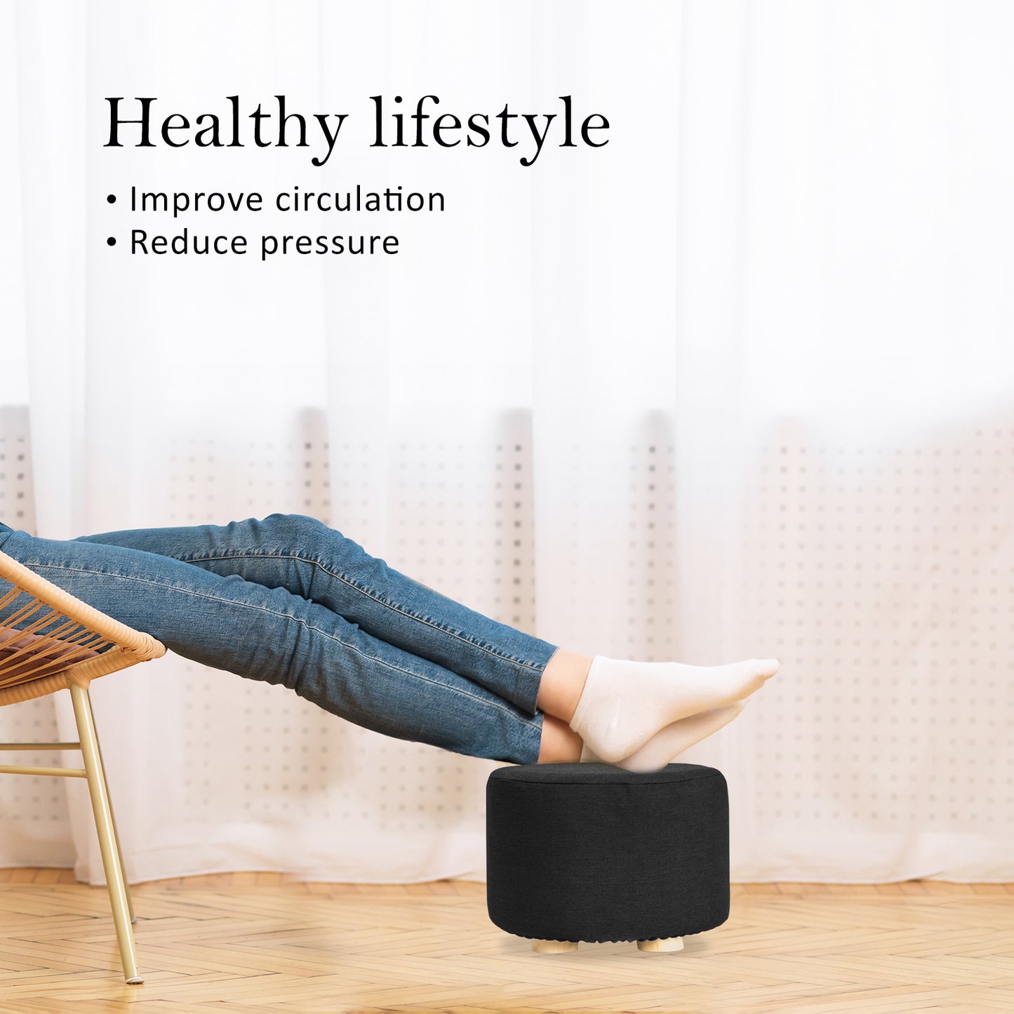2X Fabric Ottoman Round Wooden Leg Foot Stool - BLACK - ShopFrenzy