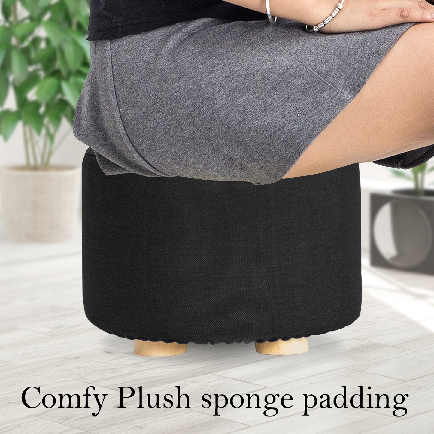 2X Fabric Ottoman Round Wooden Leg Foot Stool - BLACK - ShopFrenzy