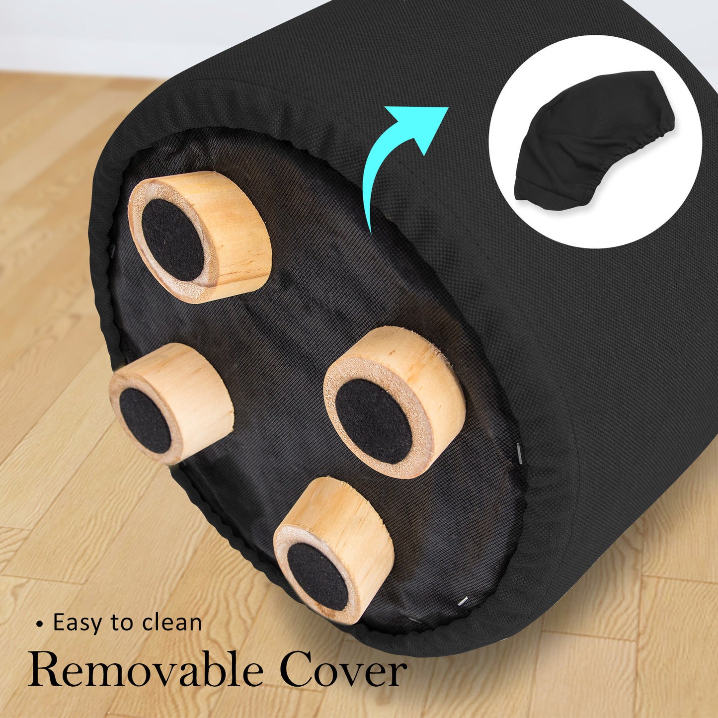 2X Fabric Ottoman Round Wooden Leg Foot Stool - BLACK - ShopFrenzy