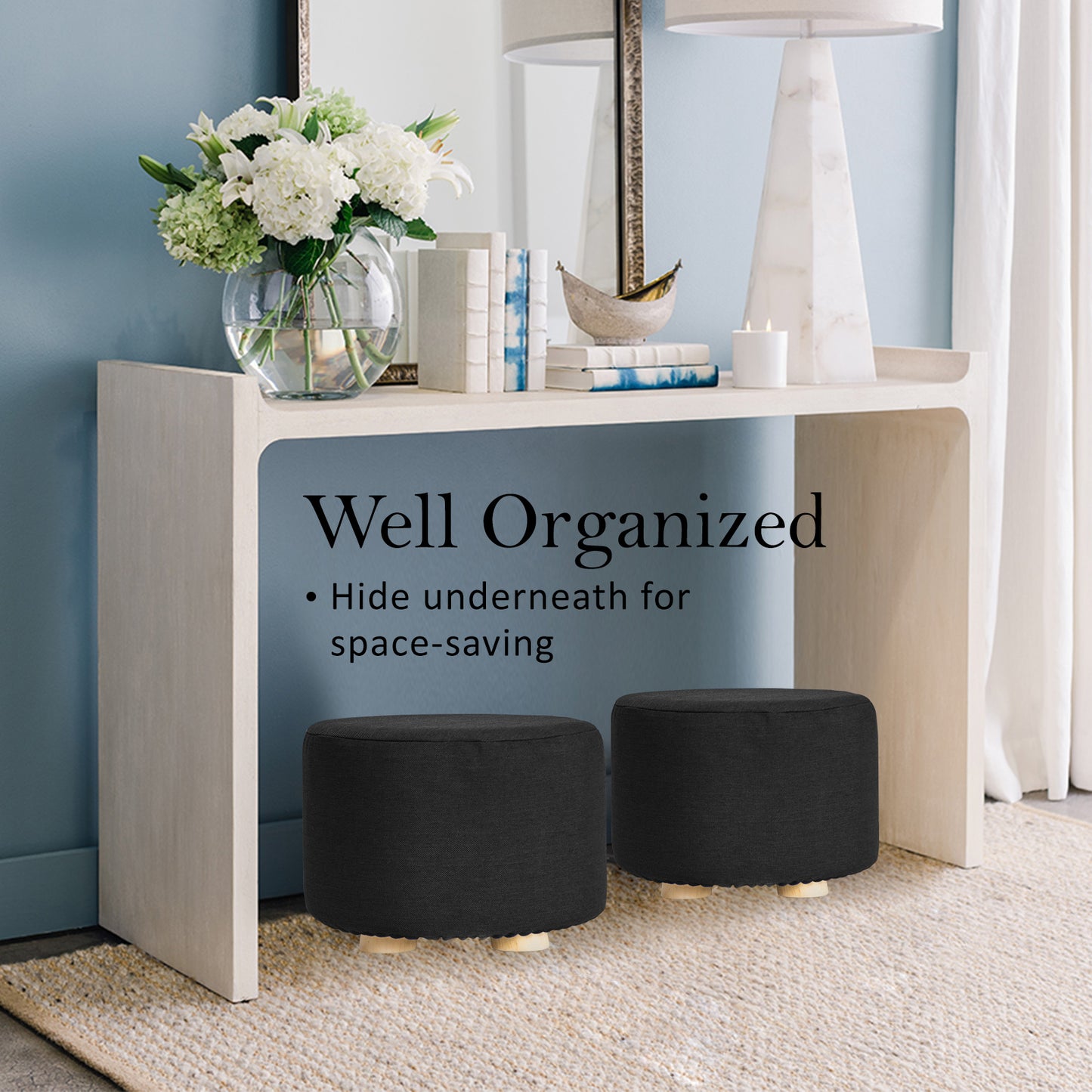 2X Fabric Ottoman Round Wooden Leg Foot Stool - BLACK - ShopFrenzy