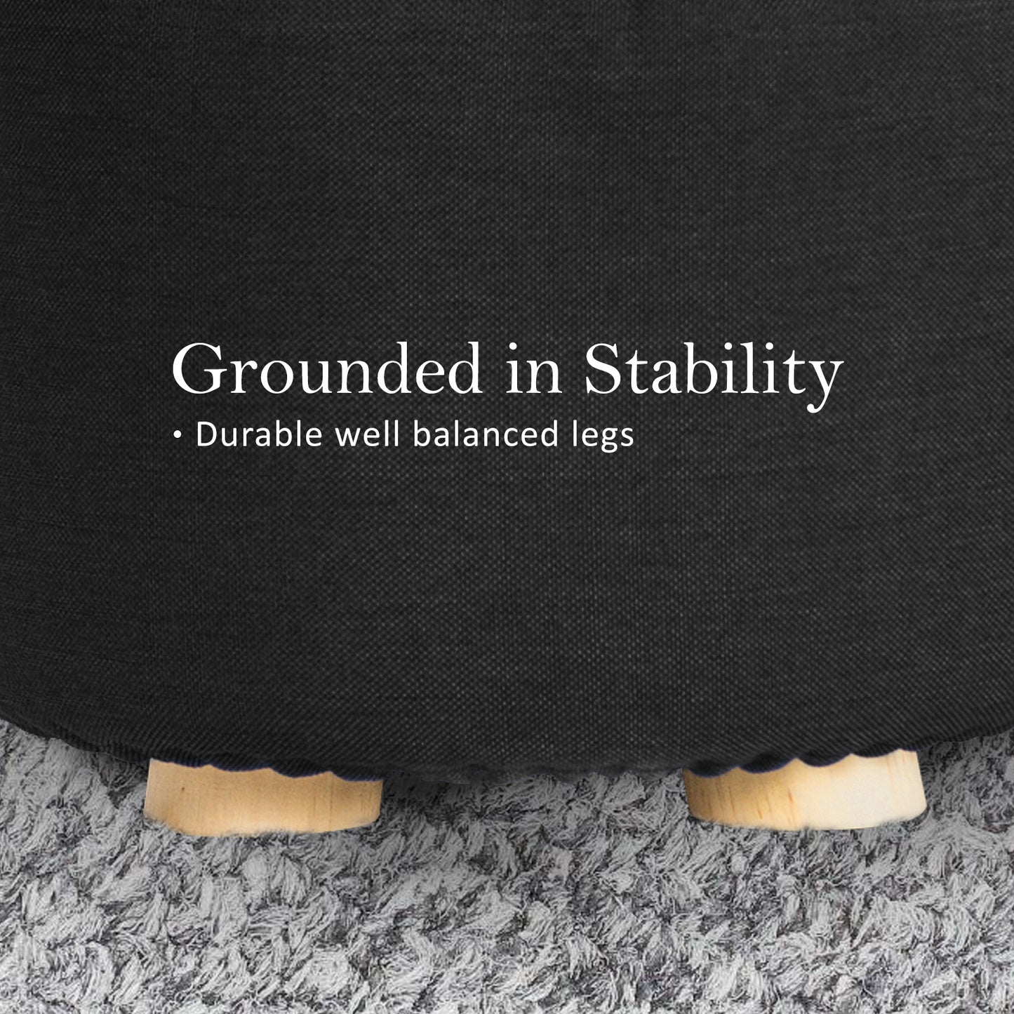 2X Fabric Ottoman Round Wooden Leg Foot Stool - BLACK - ShopFrenzy