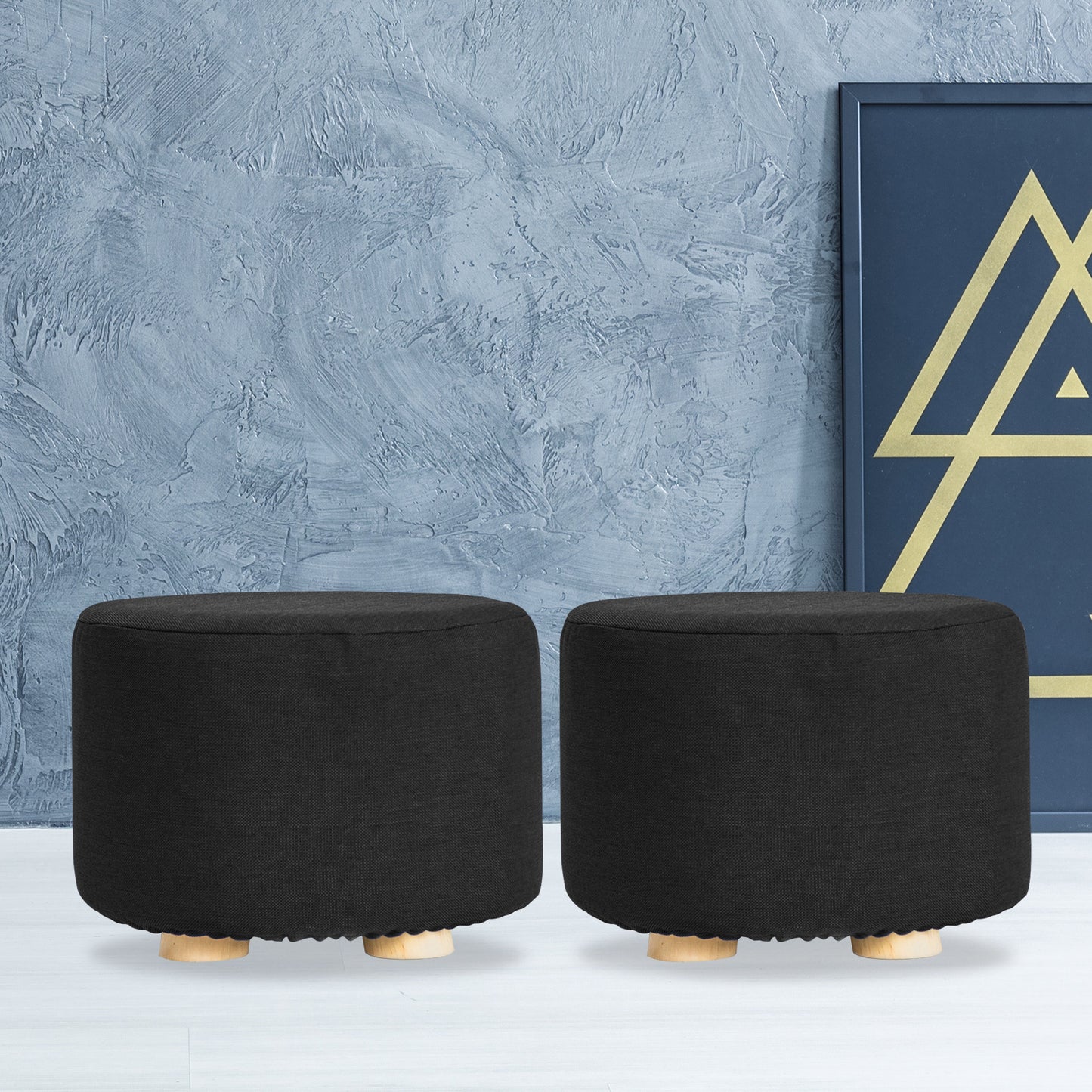 2X Fabric Ottoman Round Wooden Leg Foot Stool - BLACK - ShopFrenzy