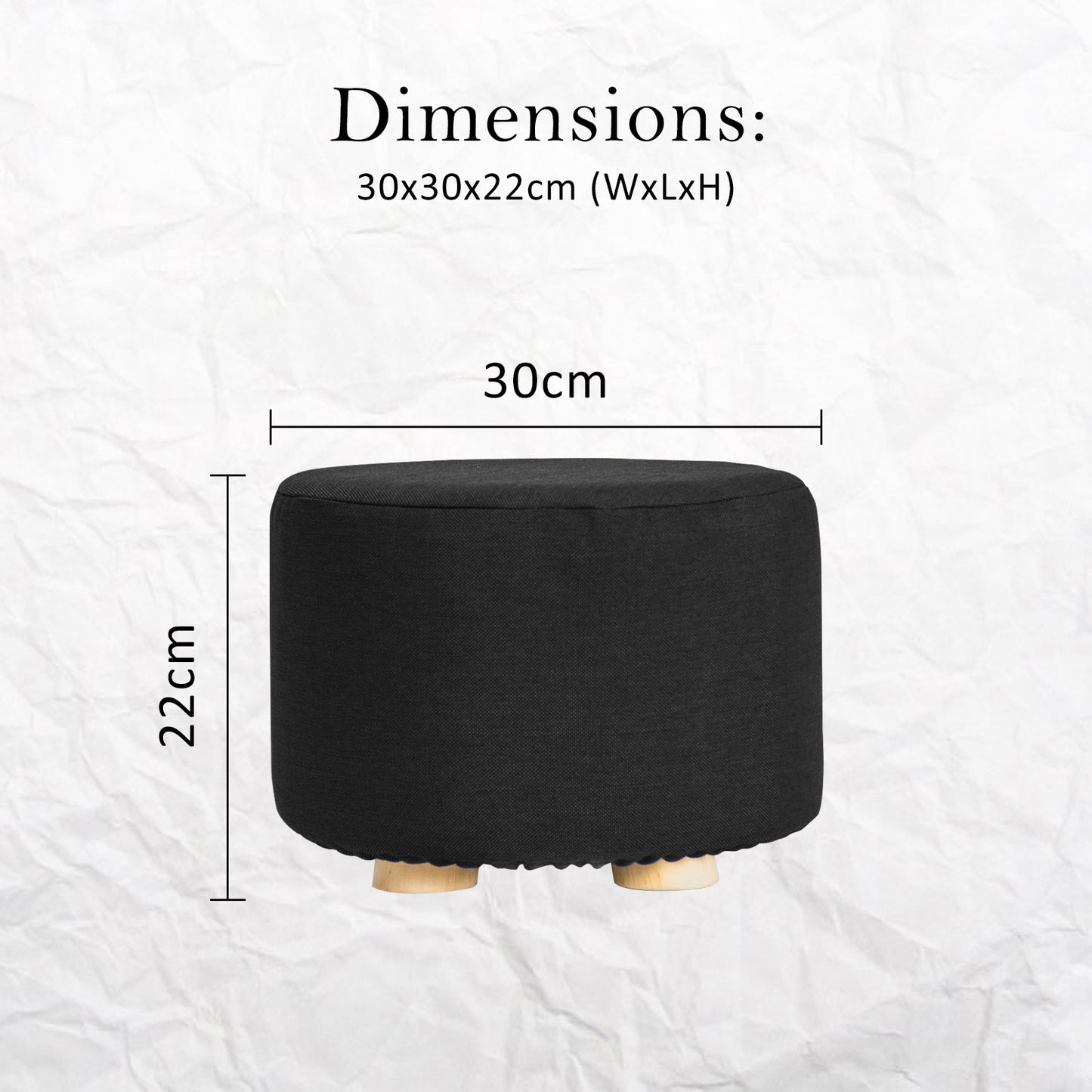 2X Fabric Ottoman Round Wooden Leg Foot Stool - BLACK - ShopFrenzy