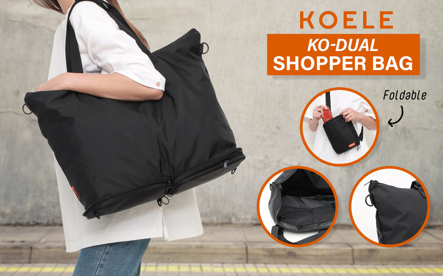 Shopper Bag Tote Bag Foldable Travel Laptop Grocery Nylon KO-DUAL BLACK - ShopFrenzy