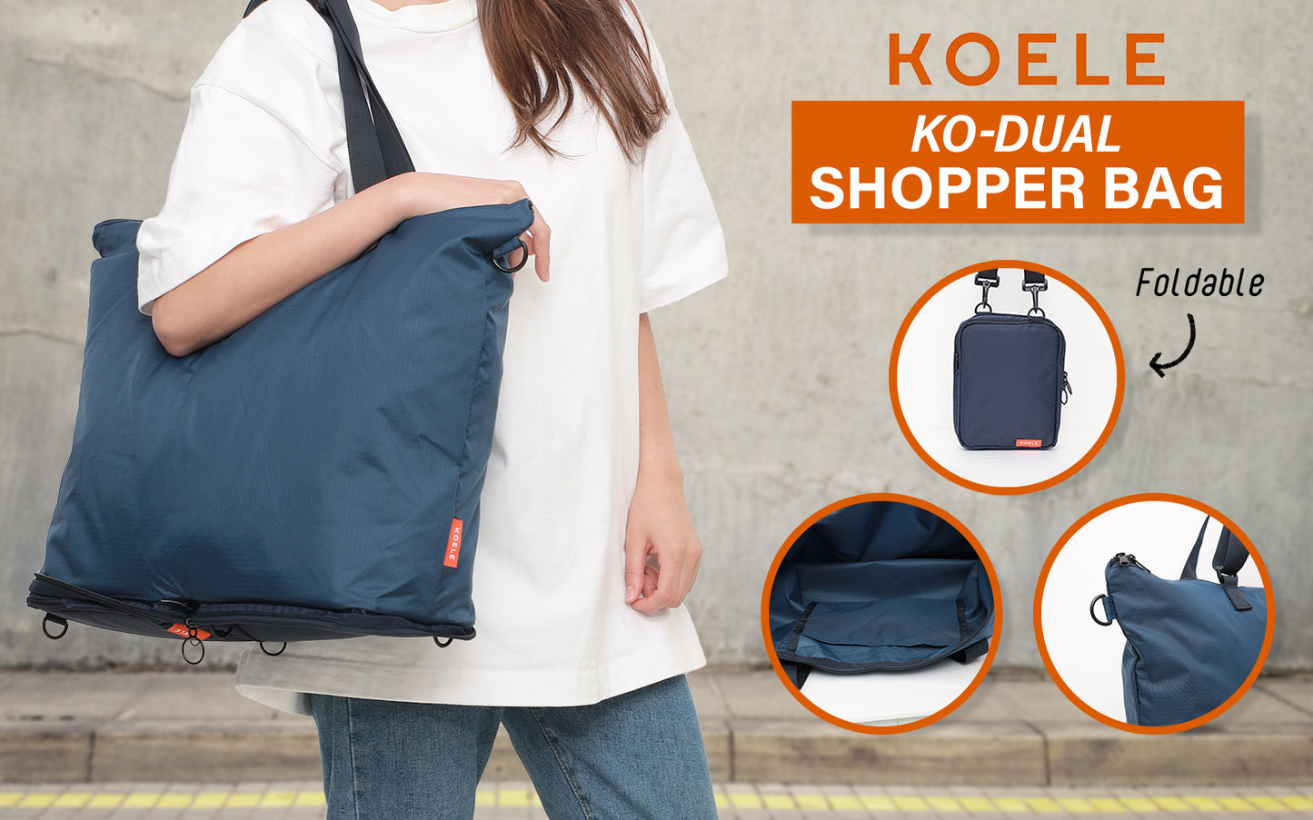 Shopper Bag Tote Bag Foldable Travel Laptop Grocery Nylon KO-DUAL NAVY - ShopFrenzy