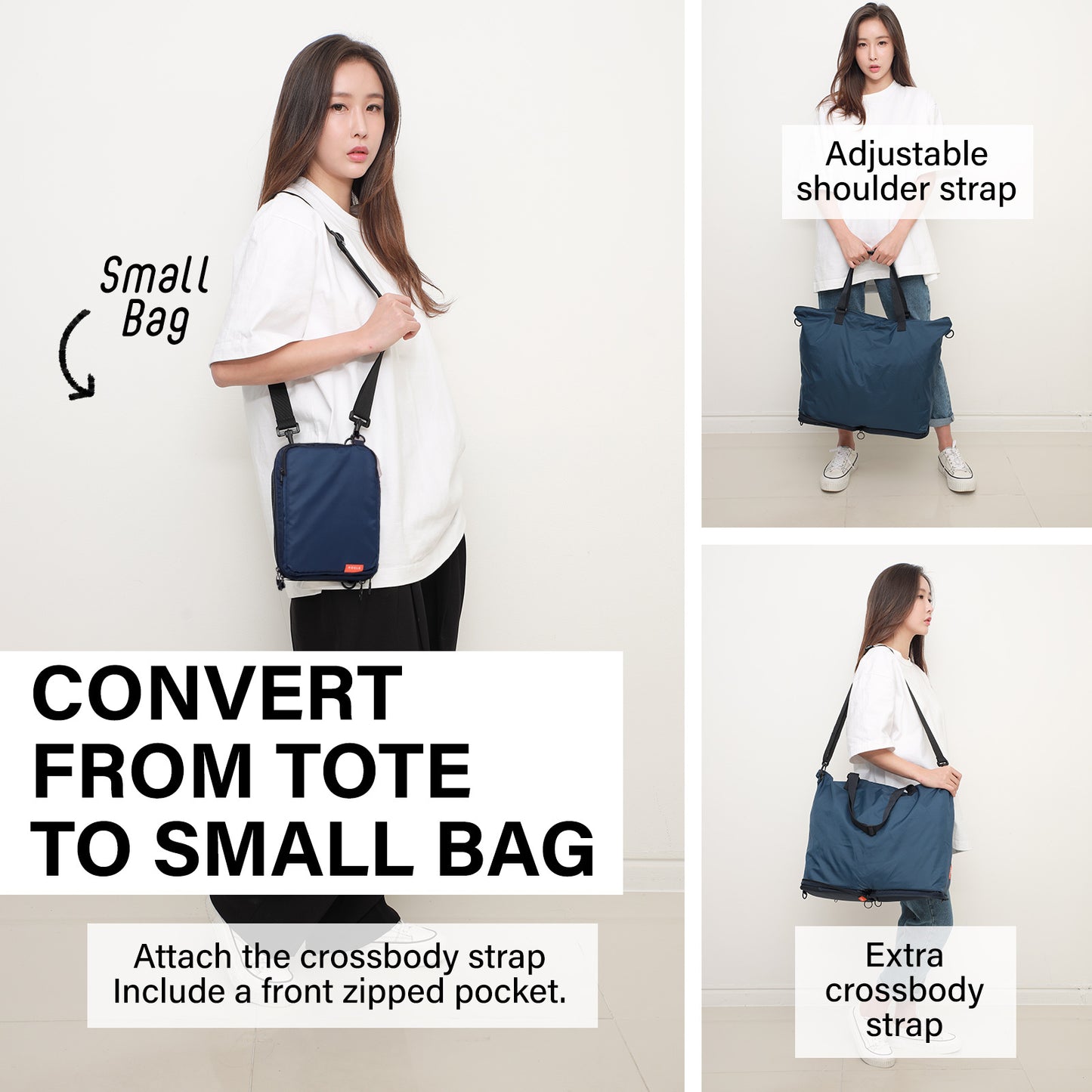 Shopper Bag Tote Bag Foldable Travel Laptop Grocery Nylon KO-DUAL NAVY - ShopFrenzy