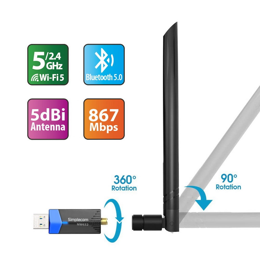 Simplecom NW632 Wi-Fi 5 Bluetooth 5.0 USB Adapter Dual Band AC1200 - ShopFrenzy