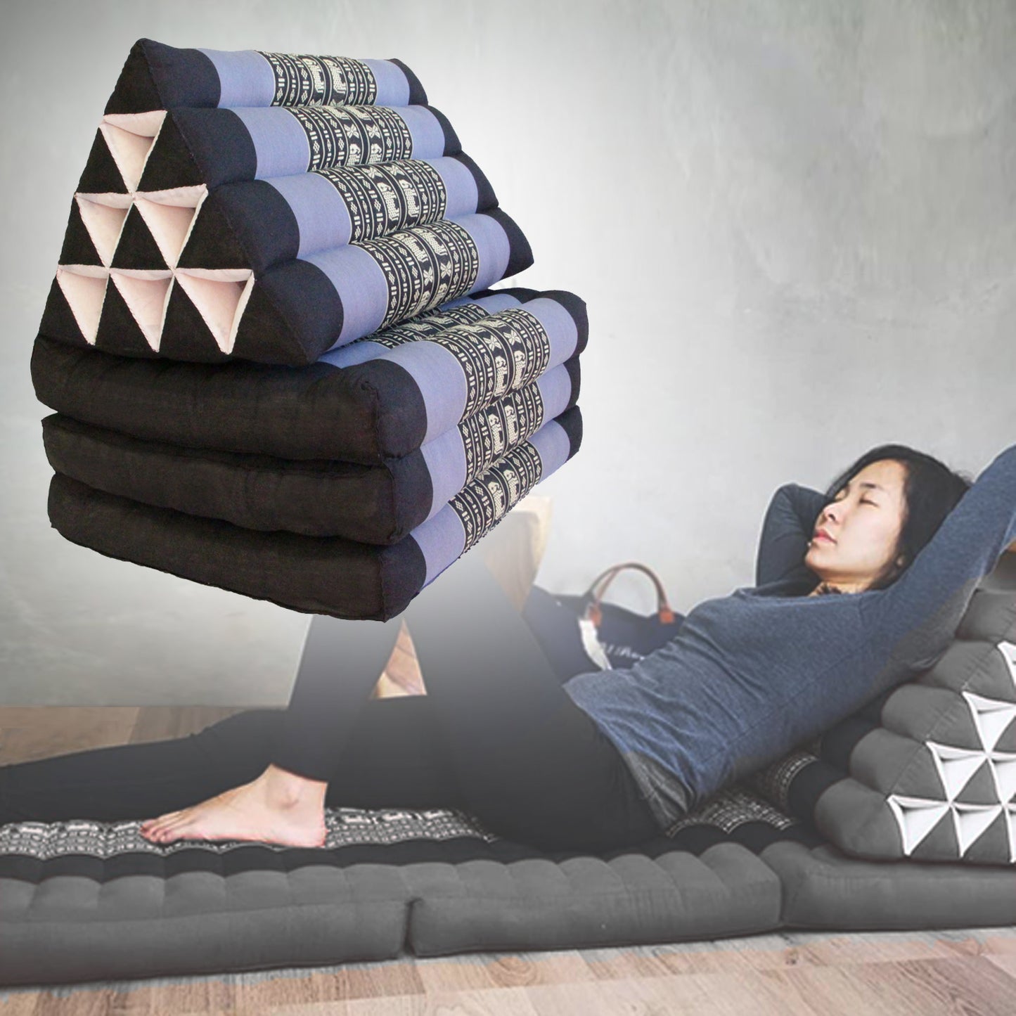 Large Thai Triangle Pillow THREE FOLDS Blue Ele - ShopFrenzy