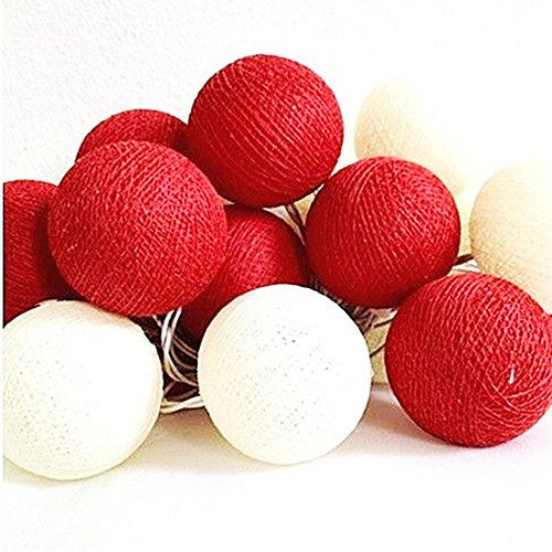 1 Set of 20 LED Red White 5cm Cotton Ball Battery String Lights Christmas Gift Home Wedding Party Bedroom Decoration Outdoor Indoor Table Centrepiece ShopFrenzy
