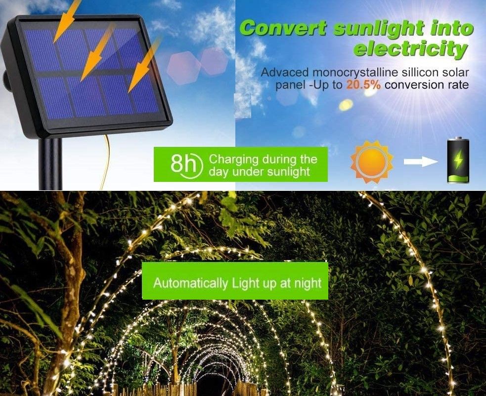 20m 200 LED Solar Powered Outdoor Lights with 8 Lighting Modes and Waterproof for Home,Garden and Decoration ShopFrenzy