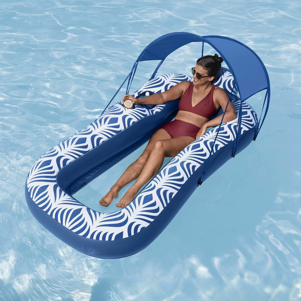 Bestway Inflatable Floating Float Lounger with Sunshade Canopy 1.98Mx1.12M Blue - ShopFrenzy