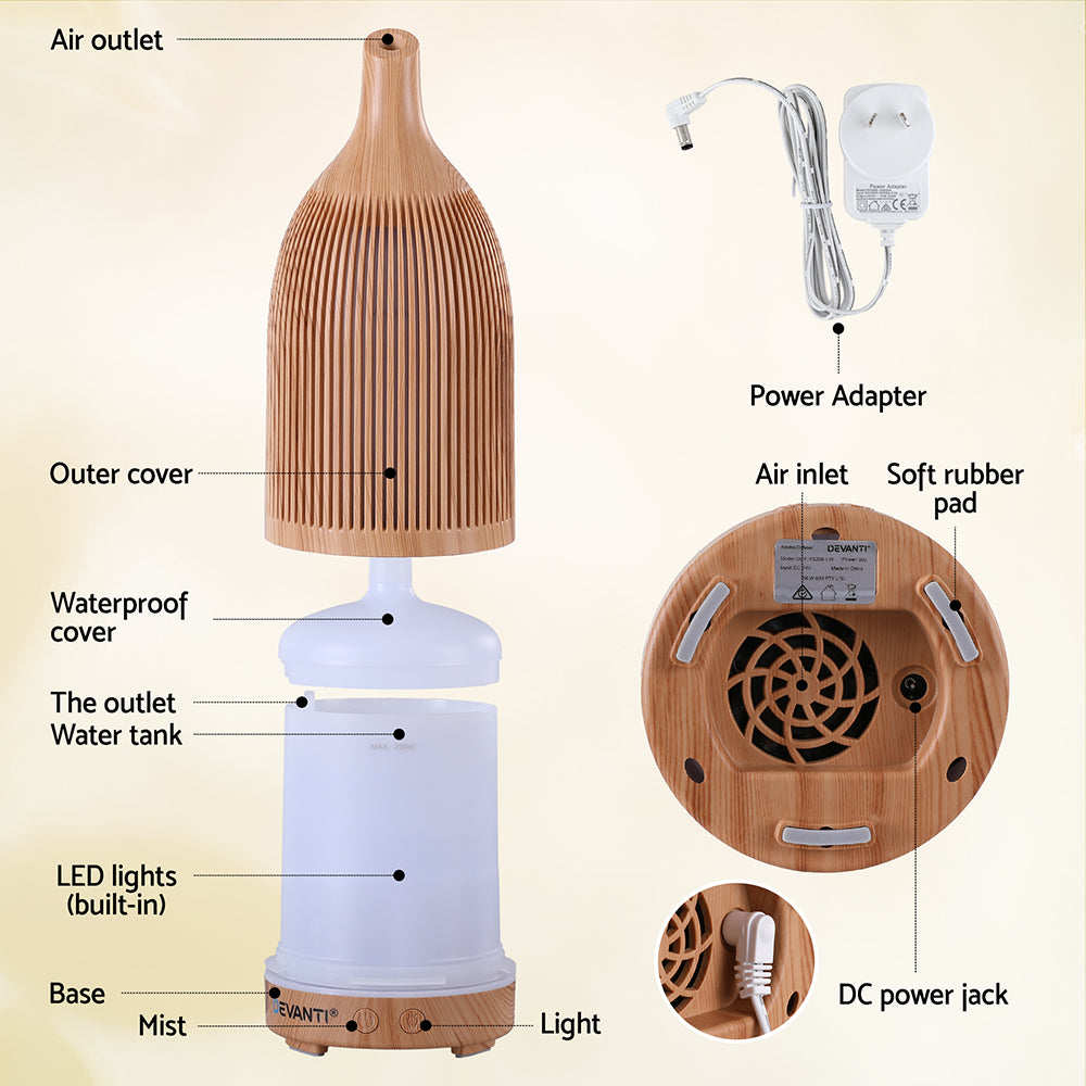 Devanti Ultrasonic Aroma Diffuser Aromatherapy 200ml LED Lights Iron Humidifier Forest Light wood grain