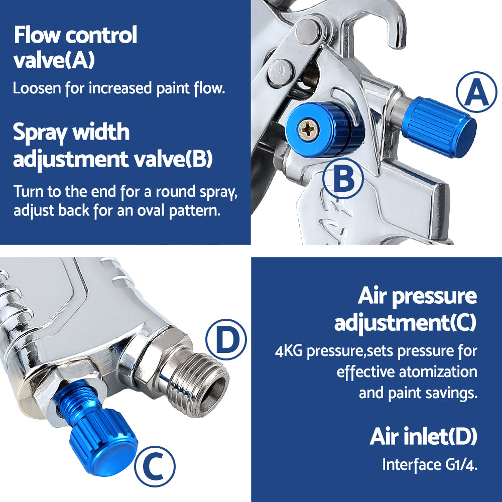 Giantz Spray Gun Paint Gun HVLP Gravity Feed 1.4mm 1.7mm 2.0mm Nozzles Included - ShopFrenzy