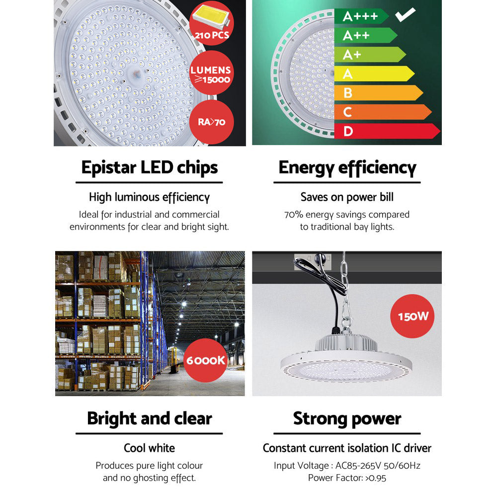 Leier LED High Bay Lights 150W UFO Industrial Shed Warehouse Factory Lamp White - ShopFrenzy