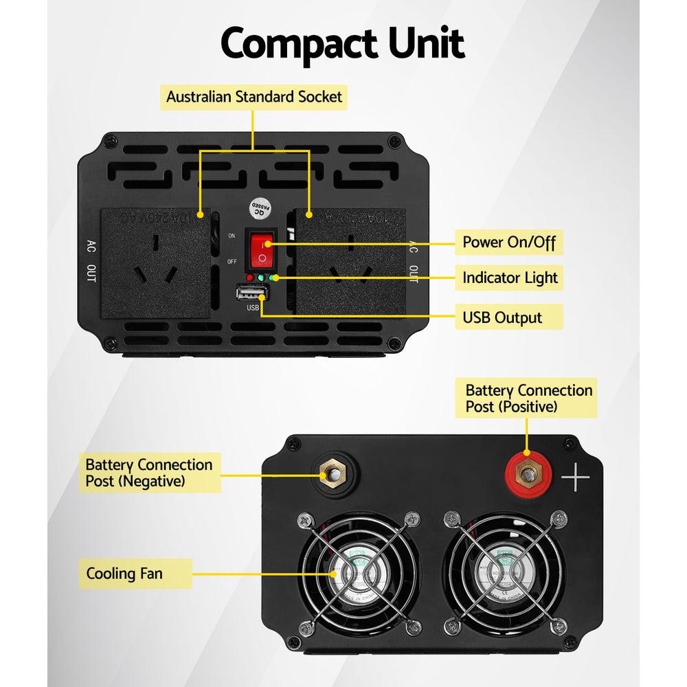 Giantz Power Inverter 1000W or 2000W Pure Sine Wave 12V-240V Camping Boat Caravan - ShopFrenzy