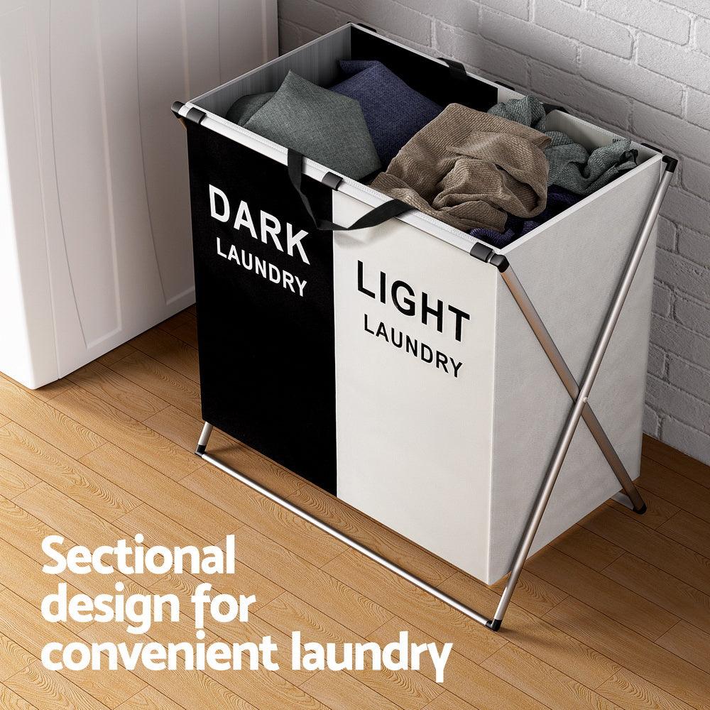 Artiss Laundry Basket Hamper Large Foldable Washing Clothes Storage 2 Sections - ShopFrenzy