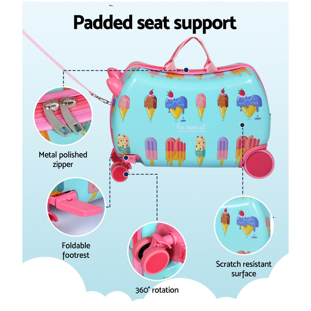 Wanderlite 17" Kids Ride On Luggage Children Suitcase Trolley Travel Ice Cream - ShopFrenzy