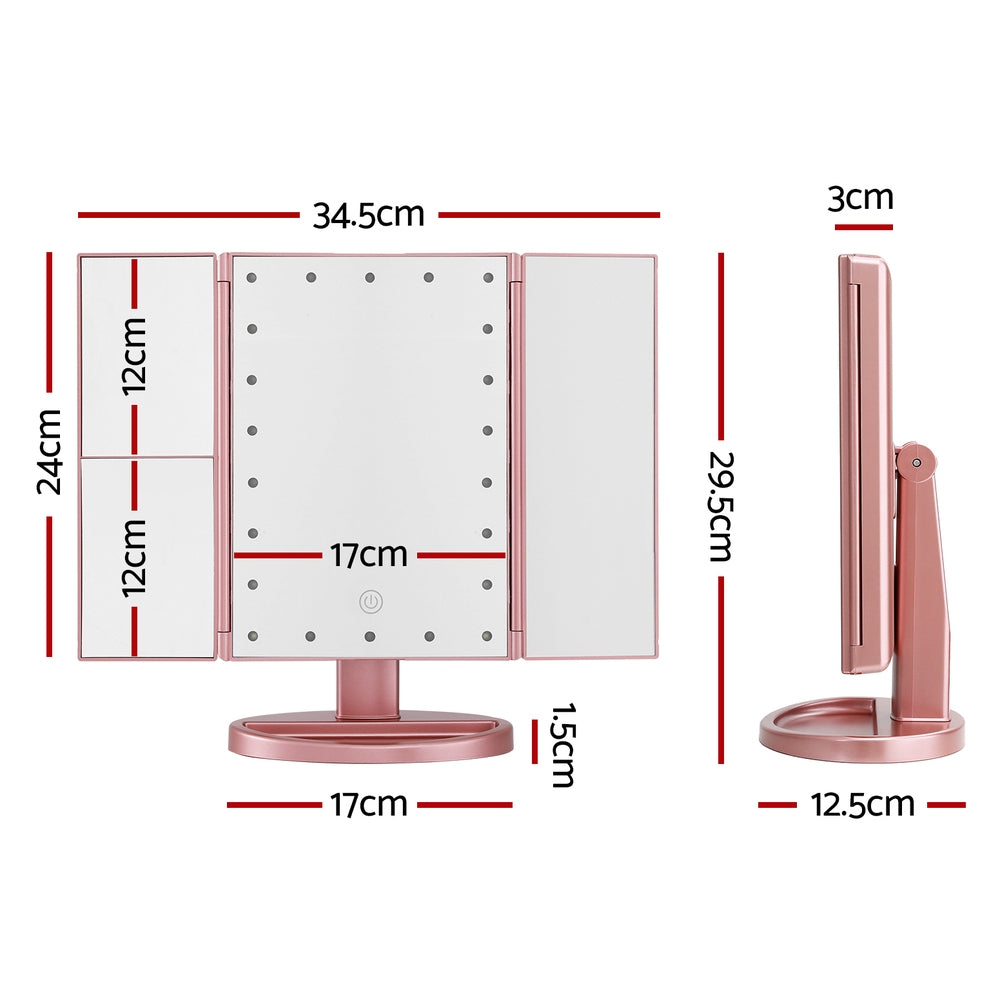 Embellir Tri-fold Makeup Mirror 1X2X3X Magnifying with LED Light Travel Portable Pink - ShopFrenzy