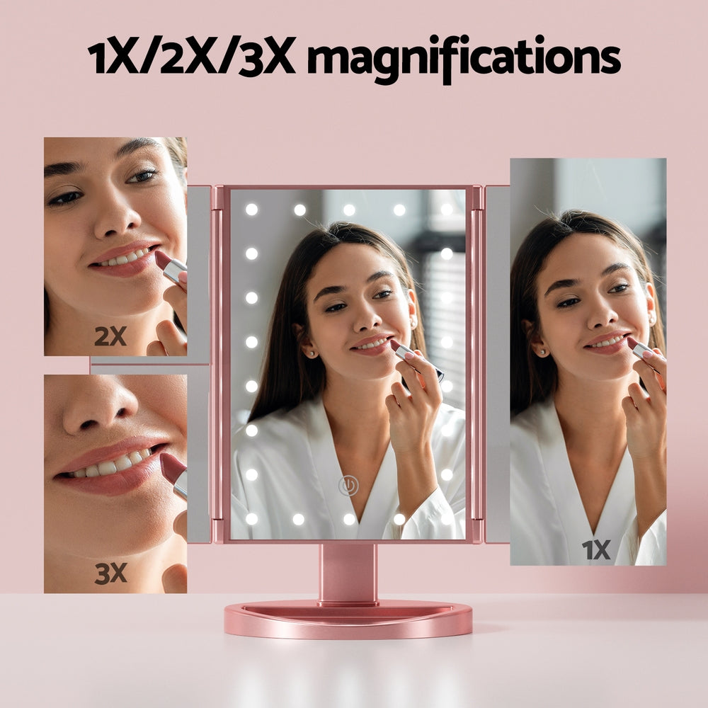 Embellir Tri-fold Makeup Mirror 1X2X3X Magnifying with LED Light Travel Portable Pink - ShopFrenzy