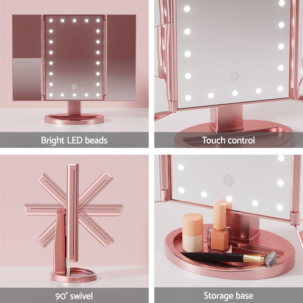 Embellir Tri-fold Makeup Mirror 1X2X3X Magnifying with LED Light Travel Portable Pink - ShopFrenzy