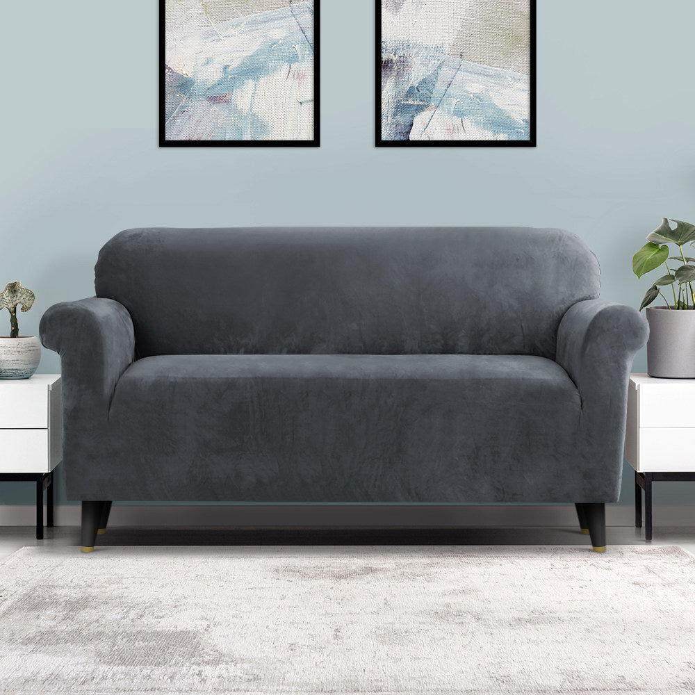 Artiss Sofa Cover Couch Covers 3 Seater Velvet Grey - ShopFrenzy