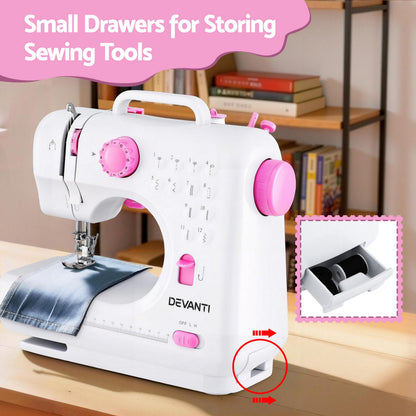 Devanti 12 Stitches Mini Sewing Machine for Beginners Portable Sewing Machine Kit with LED Lights