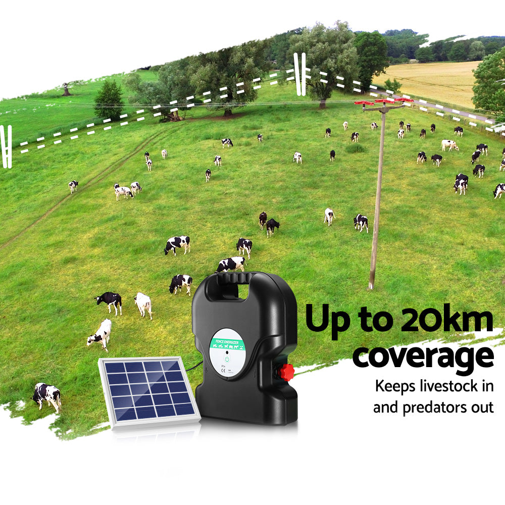Giantz Fence Energiser 20KM Solar Powered 1.2J Electric - ShopFrenzy