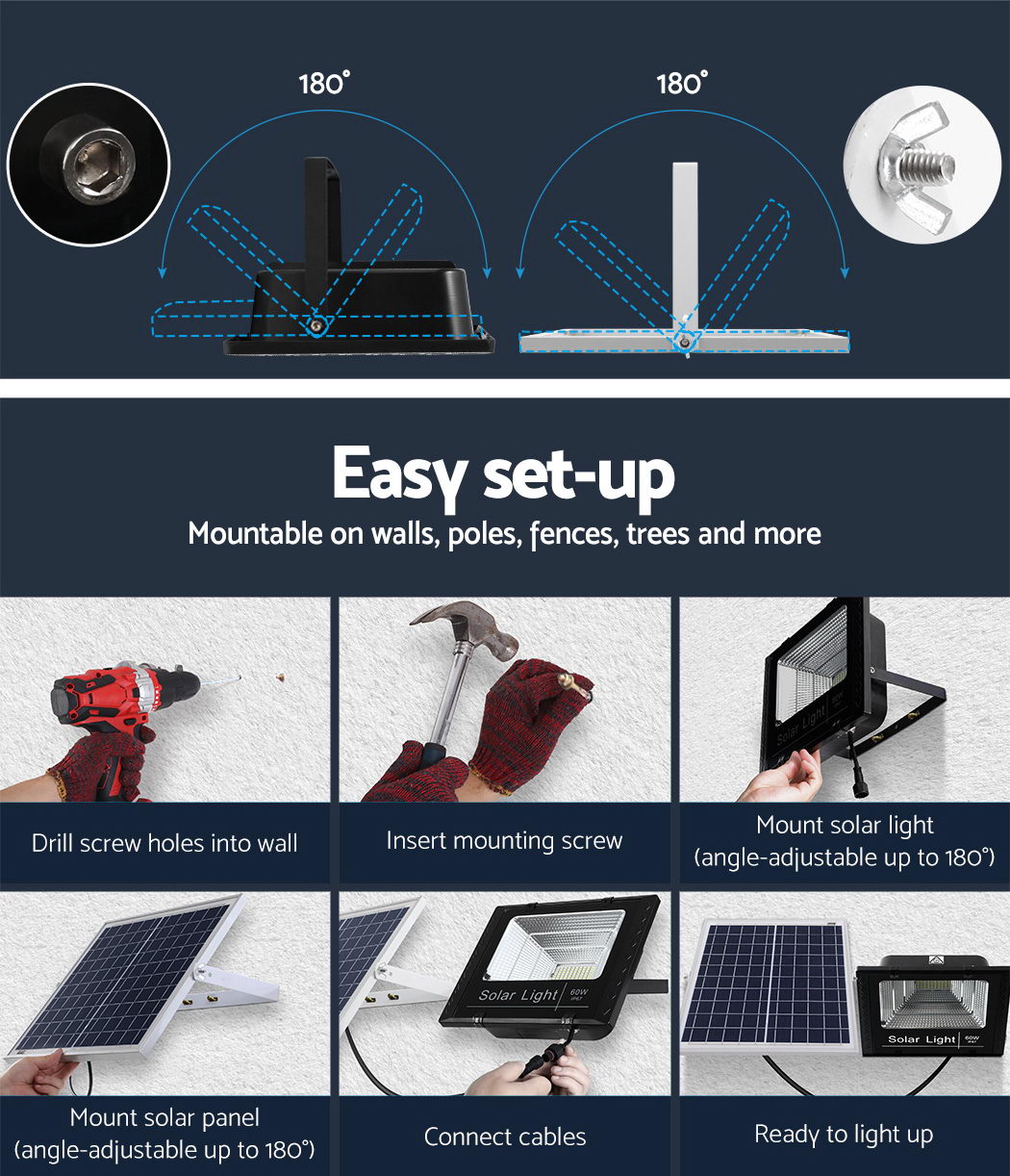 Leier 80 LED Solar Street Light 60W Flood Motion Sensor Remote Outdoor Wall Lamp - ShopFrenzy