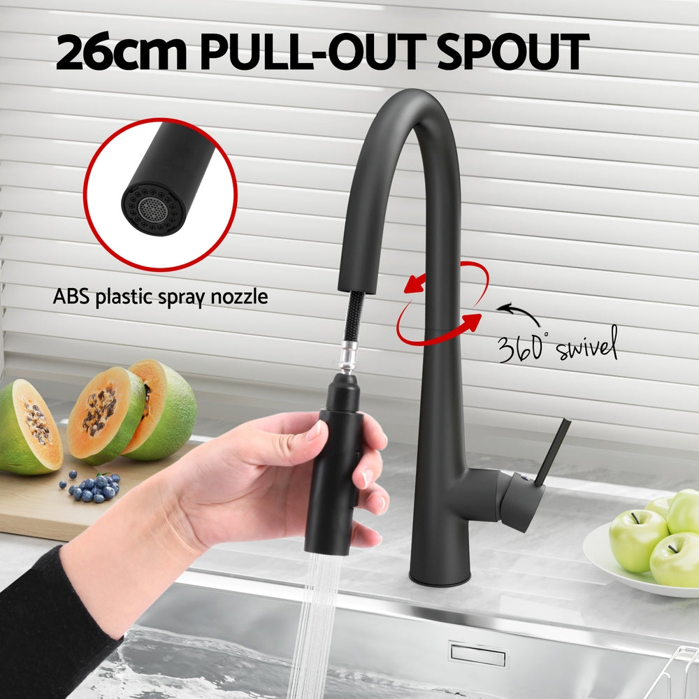 Kitchen Mixer Tap Pull Out Round 2 Mode Sink Basin Faucet Swivel WELS Black - ShopFrenzy