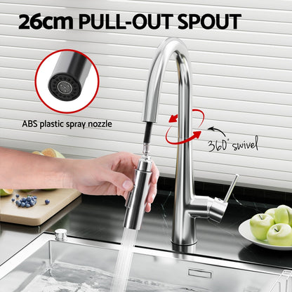 Kitchen Mixer Tap Pull Out Round 2 Mode Sink Basin Faucet Swivel WELS Chrome - ShopFrenzy