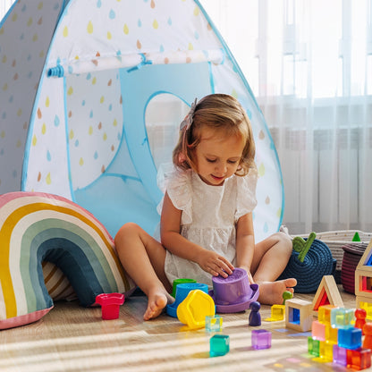 Keezi Kids Play Tent Pop Up Playhouse Ball Pit Tunnel Basketball Hoop Blue - ShopFrenzy