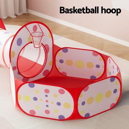 Keezi Kids Playhouse Play Tent Pop Up Teepee Ball Pit Tunnel Basketball Hoop Red - ShopFrenzy